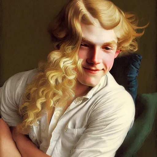 Prompt: beautiful portrait painting of the androgynous pale blond prince Lucius with long curly blond hair, delicate young man wearing a soft white poet shirt smiling sleepily at the viewer, in love by J.C Leyendecker and Norman Rockwell