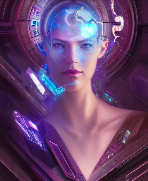 Image similar to a whirlwind of souls rushing inside the metaverse, hologram, half body, neurochip, shaved temple, piercing, jewelry, android, cyborg, cyberpunk face, by loish, d & d, fantasy, intricate, elegant, highly detailed, colorful, digital painting, artstation, concept art, art by artgerm and greg rutkowski and alphonse mucha