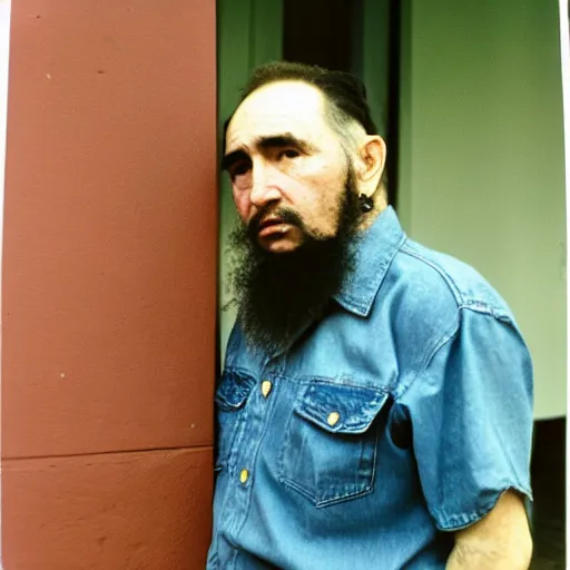 Image similar to fidel castro wearing denim shorts, full body portrait, 3 5 mm film, by nan goldin