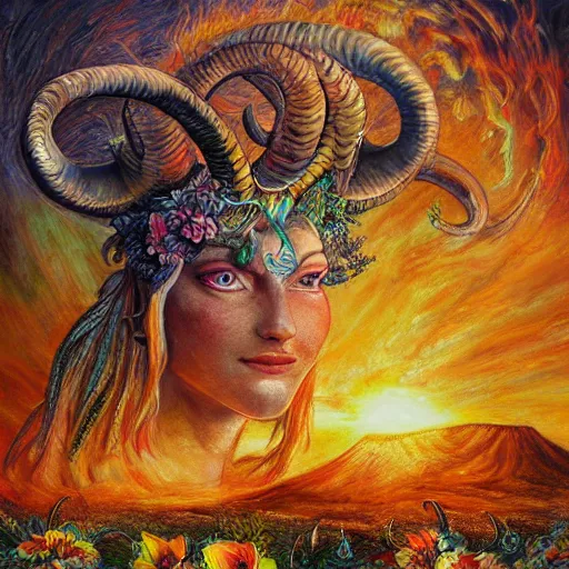 Image similar to painting by senior concept artist josephine wall, horned ram goddess checking her cell phone, erupting volcano and sunset in distance, flowers in foreground, zodiac, fantasy, acrylic on canvas, intricately detailed, highly detailed, high resolution, hdr, 8 k, trending on artstation