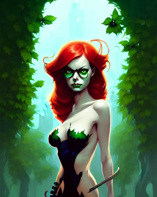 Image similar to peter mohrbacher, phil noto comicbook cover art, artgerm, emma stone poison ivy, vines, symmetrical eyes, city rooftop