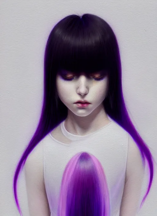 Image similar to hair whitebangs hair, black hair, whitebangs, portrait of teenage girl with white bangs, red irises, purple clothes, white bangs, bangs are different color from hair, intricate, elegant, glowing lights, highly detailed, digital painting, artstation, concept art, smooth, sharp focus, illustration, art by wlop, mars ravelo and greg rutkowski