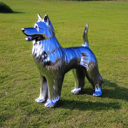 Prompt: A shiny metallic sculpture of Lassie the rough collie