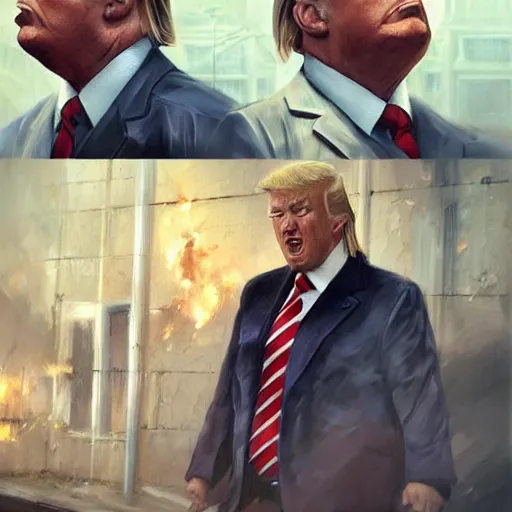 Image similar to head and shoulders masterpiece portrait of a donald trump in a prison riot, surreal background, digital art by krenz cushart, trending on artstation, cgsociety,