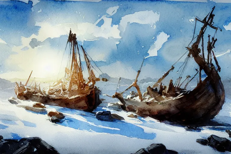 Prompt: small centered on watercolor paper, paint brush strokes, abstract watercolor painting of ancient viking shipwreck in snow, daylight, blue sky, cinematic light, national romanticism by hans dahl, by jesper ejsing, by anders zorn, by greg rutkowski, by greg manchess, by tyler edlin