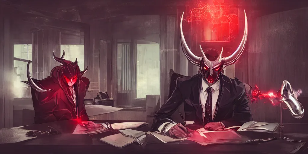 Image similar to dark lord sitting at desk large horns and suit, medium shot, portrait, semi realistic anime, red demon cyberpunk symbols