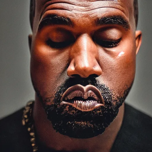 Image similar to the face of kanye west wearing yeezy clothing at 5 0 years old, portrait by julia cameron, chiaroscuro lighting, shallow depth of field, 8 0 mm, f 1. 8