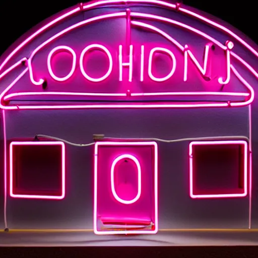 Image similar to A pink neon sign with rounded lowercase letters spelling ODOO above the front door of a cathedral