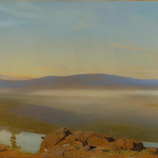 Prompt: Kalamegdan landscape, morning, mist, matte painting, by Isaac Levitan and Vasily Perov