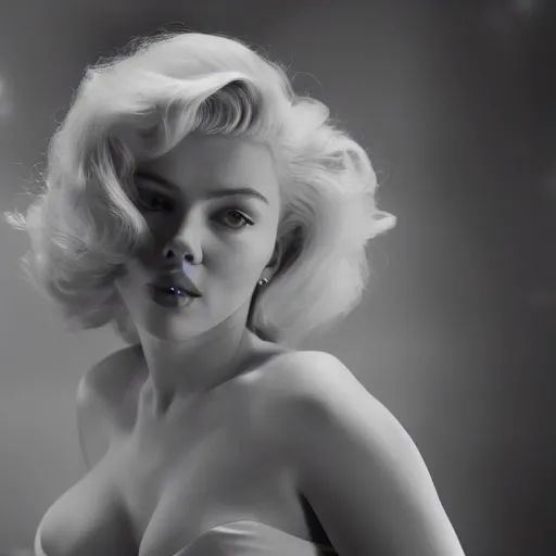 Image similar to stunning awe inspiring scarlett johansen as marilyn monroe, movie still 8 k hdr atmospheric lighting