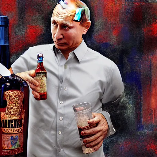 Image similar to vladimir putin wearing a mini skirt and holding a bottle of arak, cinematic, beautiful digital painting, hyper detailed