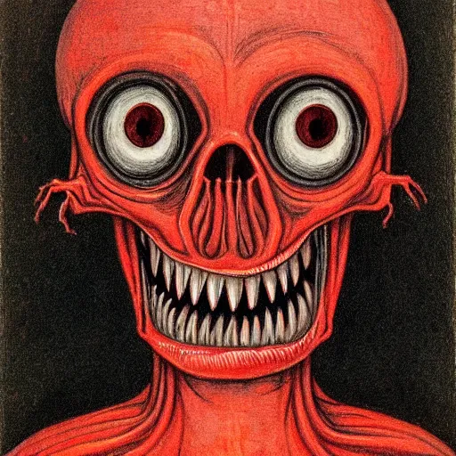 Prompt: humanoid with crooked teeth, two black eyes, long open black mouth, alien looking, big forehead, horrifying, killer, creepy, dead, looking straight forward, realistic, slightly red, long neck, boney, monster, tall, skinny, skullish, deathly, in the style of alfred kubin