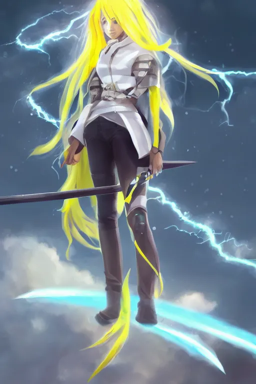 Prompt: anime teen girl with long yellow ponytail wearing white long jacket while holding a lightning scythe with her hands, wlop, concept art, digital painting, trending on artstation, highly detailed, epic composition, 8 k uhd