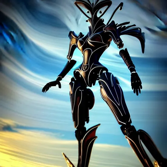 Image similar to looking up at a highly detailed 300 foot tall giant elegant exquisite beautiful stunning valkyr female warframe, as an anthropomorphic robot dragon, posing elegantly over your tiny form, detailed legs looming over you, camera on the ground, at the beach on a sunset, sleek streamlined design, streamlined matte black armor, sharp detailed claws, detailed sharp robot dragon feet, worms eye view, giantess shot, upward shot, ground view shot, leg shot, front shot, epic cinematic shot, high quality warframe fanart, captura, realistic, professional digital art, high end digital art, furry art, giantess art, anthro art, DeviantArt, artstation, Furaffinity, 8k HD render, epic lighting