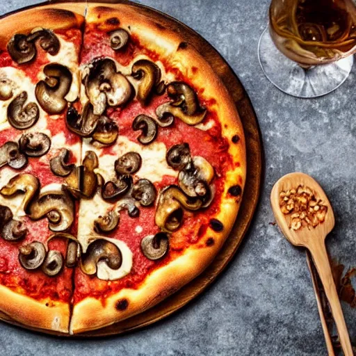 Image similar to A delicious plate of pizza, pepperoni, mushrooms, food photography, michilin star
