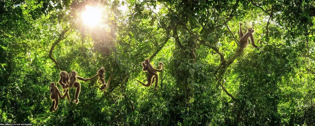 Image similar to a family of monkeys swing through the trees in a beautiful jungle landscape bordered by vines, backlit