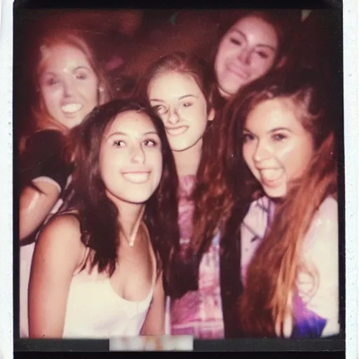 Prompt: faded polaroid photo of beautiful sorority girls at a wild college party, selfie polaroid