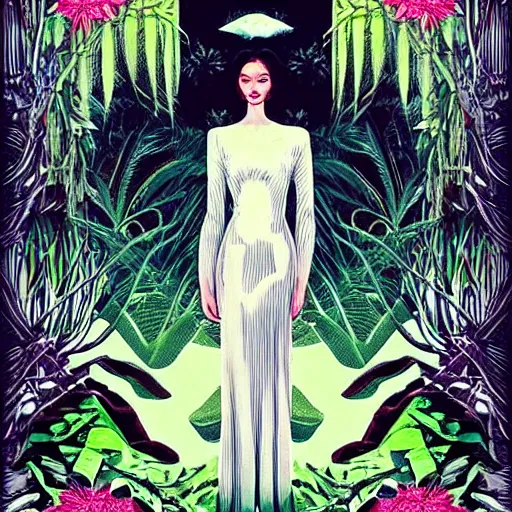 Image similar to elegant woman, white dress, dense jungle, trees, huge flowers, risograph!, omnious, dark, oldschool vintage sci - fi flat surreal design, super - detailed, art nouveau, hd, 4 k, high quality