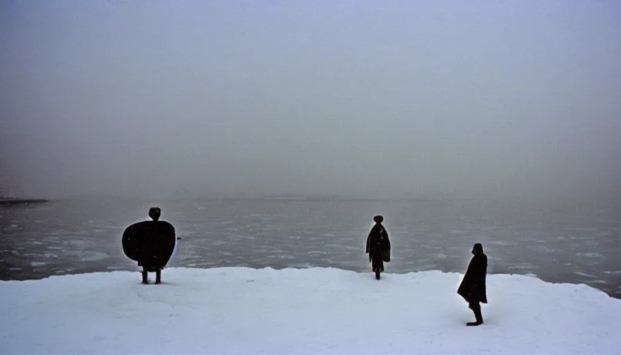 Prompt: 1 9 7 0 s movie still by tarkovsky of marcus aurelius, skinny and ill dying under the snow on the on the frozen danube with drapery and snow and ancient temples, cinestill 8 0 0 t 3 5 mm, high quality, heavy grain, high detail, cinematic composition, dramatic light, anamorphic, hyperrealistic, foggy