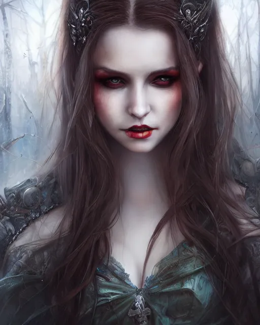 Image similar to a beautiful female vampire, 8 k, hyperrealistic, perfect eyes and face, dark forest landscape, hyperdetailed, fantasy portrait by laura sava
