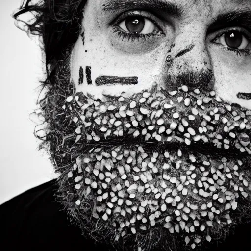 Image similar to symmetrical, close up face portrait of cannibal shia labouf, covered in sesame street tattoos, studio lighting, depth of field, photography, black and white, highly detailed