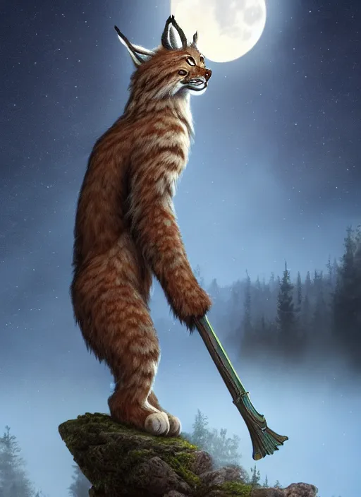 Image similar to anthropomorphic lynx standing tall, holding a scepter, night, spruce trees on the sides, mountains in the background, eerie dark atmosphere, moonlit, back light, fantasy movie, fantasy art, fantasy matte painting, trending on artstation