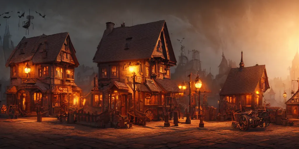 Image similar to a small steampunk wooden village, rich, cyborgs, dark aesthetic, soft colours, natural, steam, big clocks, concept art, octane render, unreal engine, in the style of luca guadagnino, highly detailed, high quality, artstation, digital art, 8 k hdr, cinematic, dramatic lighting, scenic, rich colour scheme