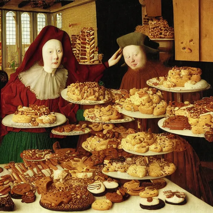 Image similar to a woman drowning in cakes and cookies, by Jan van Eyck