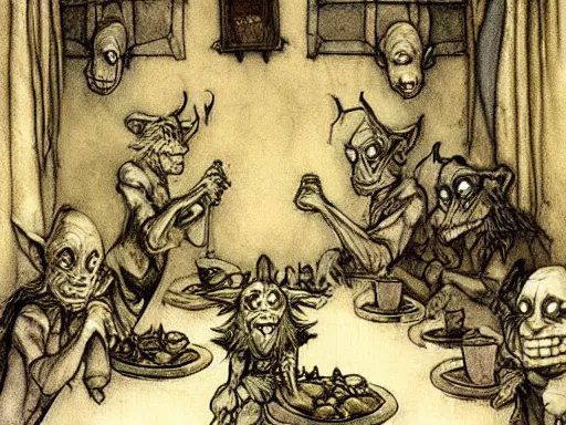 Prompt: goblins in a tavern by arthur rackham and by Tony DiTerlizzi and by brian froud, trending on artstation, detailed