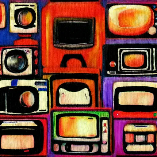 Image similar to fuzzy, array of crt televisions, tv static, antenna, stacked, polaroid, steroids, adult video store, impressionist painting, painting, acrylic painting, cell shaded