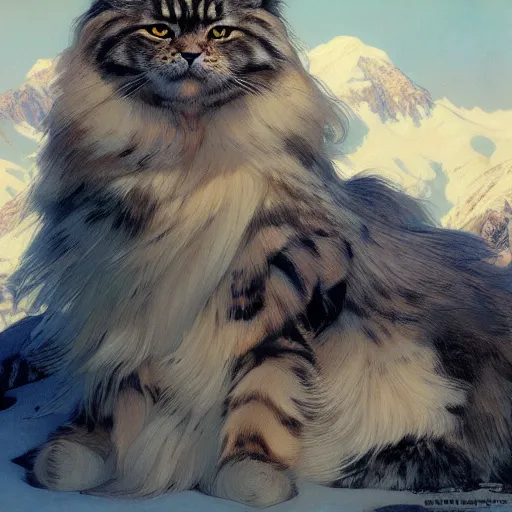 Image similar to Concept art, A shiny Siberian cat sitting by snow mountains, 8k, alphonse mucha, james gurney, greg rutkowski, john howe, artstation