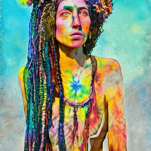 Prompt: a painting of a hippy woman in tie-dye at woodstock, natural colours, character photography, Exquisite detail, post-processing, masterpiece, by Eva Widermann