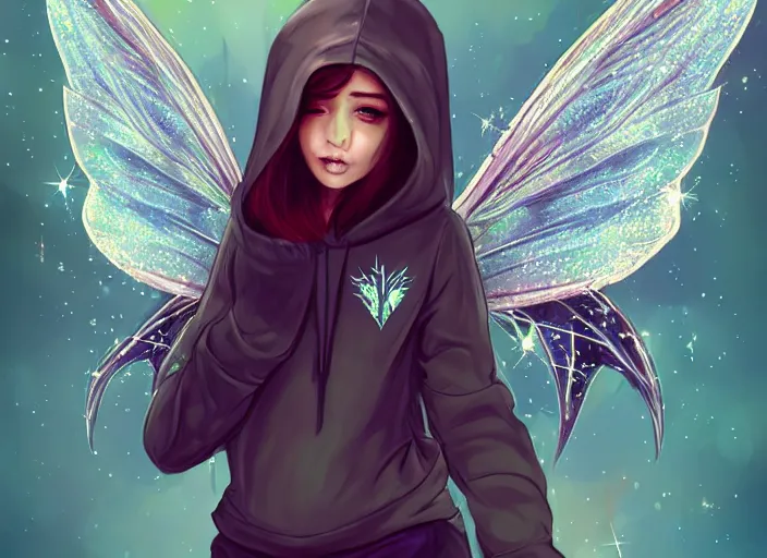 Prompt: a fairy with big wings wearing a hoodie, street fashion outfit, haute couture fashion shoot, fairy, d & d, fantasy sticker illustration, artstation