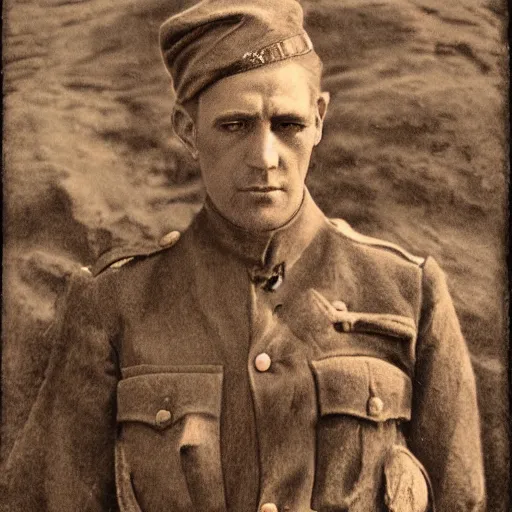 Image similar to a detailed photorealistic sepia - toned color portrait photo of a 1 9 1 7 worried clean - shaven british lieutenant in detailed field gear not wearing a hat in wadi rum, ultra realistic, painted, intricate details, lovecraft, atmospheric, dark, horror, brooding, highly detailed, by clyde caldwell