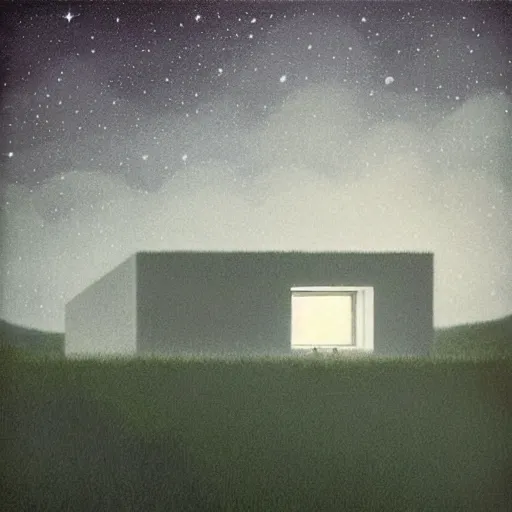 Prompt: atmospheric cozy futuristic organic white concrete house in the middle of a lush and dense forest at night, a beautiful lake next to it, night time, night sky, starry night sky, by Quint Buchholz