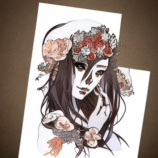 Image similar to anime manga skull portrait marvel young woman hood fairytale comic skeleton illustration style by Alphonse Mucha pop art nouveau