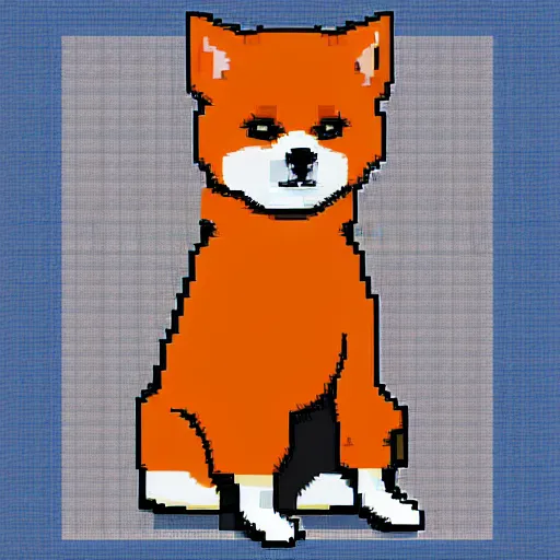 Prompt: a shiba inu wearing an orange hoodie, pixel art