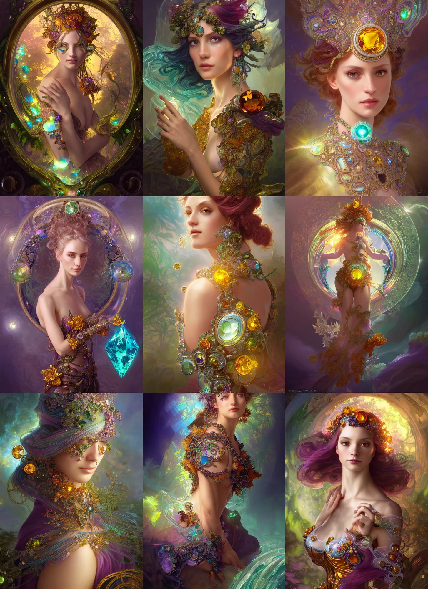 Prompt: ecopunk rococo, iridescent diaphanous refractive and reflective crystal crystalline pearly, tourmaline and citrine colors, fantasy, intricate, elegant, highly detailed, digital painting, artstation, concept art, matte, sharp focus, illustration, hearthstone, art by artgerm and greg rutkowski and alphonse mucha