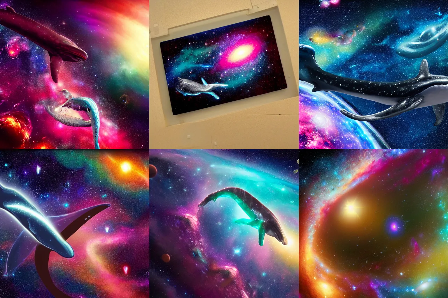 Prompt: a vibrant galaxy with a space whale swimming through, ultra realistic, highly detailed