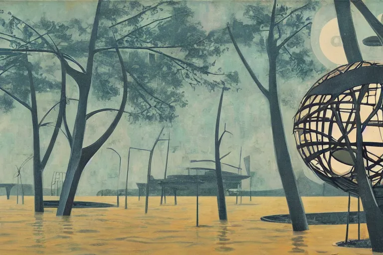 Image similar to spherical tree houses in flooded street ( ( ( ( painting by aaron douglas ) ) ) ) painting by h. r. giger painting by alvar aalto