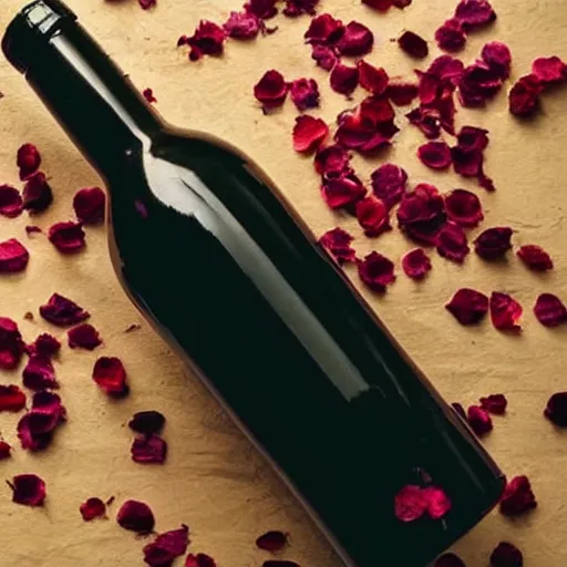 Image similar to beautiful wine bottle warmly lit covered artistically in scattered rose petals