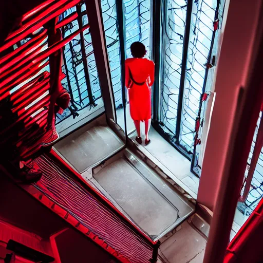 Prompt: cyberpunk girl wearing a red dress, standing on glass stairway looking down into the abyss