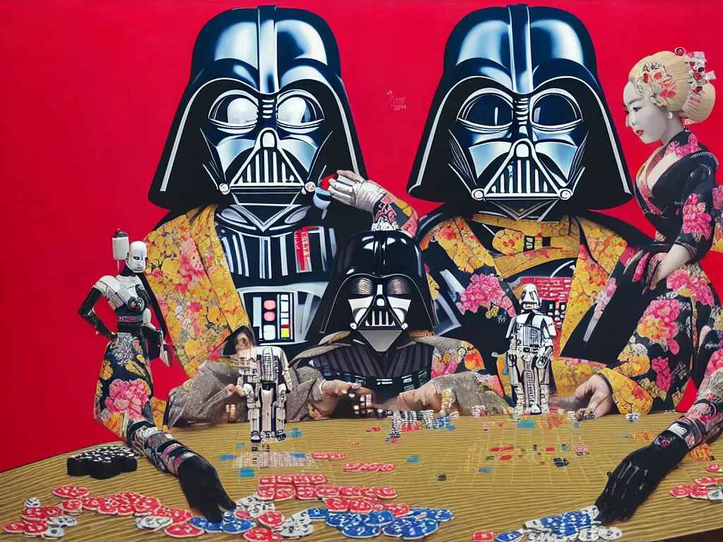 Image similar to hyperrealistic composition of the detailed woman in a japanese kimono with a c 3 p 0 robot head sitting at a extremely detailed poker table with darth vader, fireworks, mountain fuji on the background, pop - art style, jacky tsai style, andy warhol style, acrylic on canvas