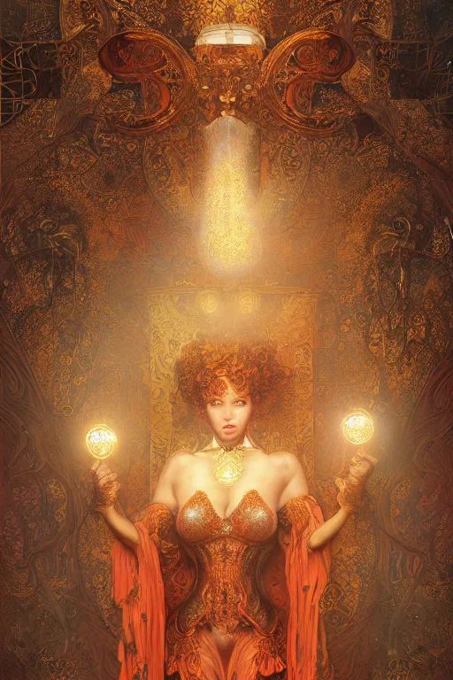 Image similar to tarot card artstation, portrait of a tarot card reader, sunrise, baroque ornament and rococo ornament, ancient chinese ornate, hyperdetailed, beautiful lighting, craig mullins, mucha, klimt, yoshitaka amano, red and gold and orange color palatte