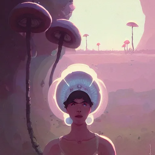 Image similar to portrait of the mushroom goddess by atey ghailan, by greg rutkowski, by simon stalenhag, by greg tocchini, by james gilleard, by joe fenton, by kaethe butcher dynamic lighting, gradient light blue, brown, blonde cream and white color scheme, grunge aesthetic