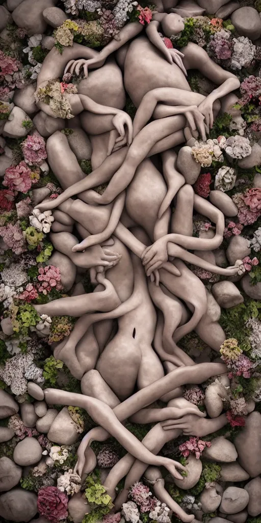 Image similar to closeup photograph of a surrealist sculpture human bodies intertwined, a lovely cornucopia of flowers and human body parts, body parts, made of stone, earth tone colors, muted color palette, skin tones, highly detailed, octane render, cinematic