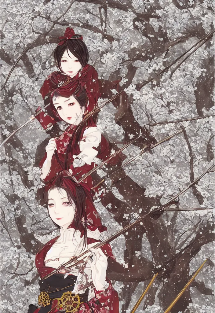 Image similar to portrait of steampunk girl samurai with swords and tachi and bow and arrow and armor and rifle and cross bow combat pose in snow forest sakura cherry blossom swan hakama kimono trending on artstation takato yamamoto krenz cushart