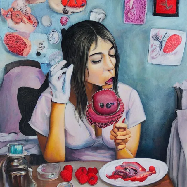 Image similar to a self - portrait in a female artist's bedroom, a crying emo girl eating pancakes, berries, surgical equipment, handmade pottery, flowers, sensual, octopus, neo - expressionism, surrealism, acrylic and spray paint and oilstick on canvas