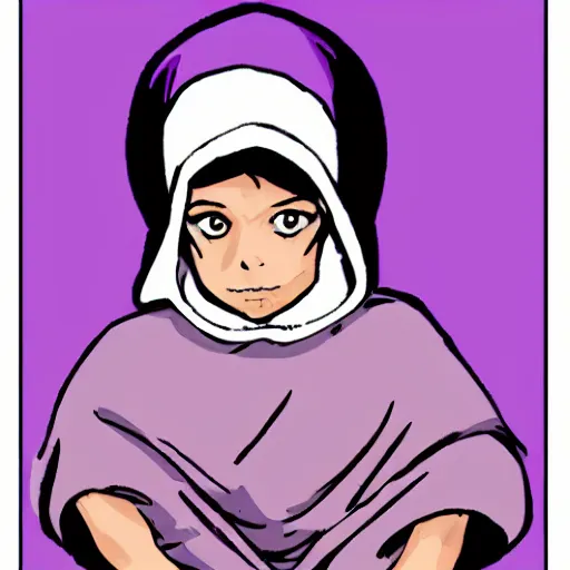 Prompt: little boy wearing nun outfit, purple and black color palate, artwork in western comic art style, inspired in hirohiko araki