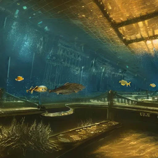 Prompt: underwater, Westminster palace, deep underwater, fish shoal, concept art in style of Greg Rutkowki, dynamic moody lighting, 4k, very highly detailed, hyper realistic